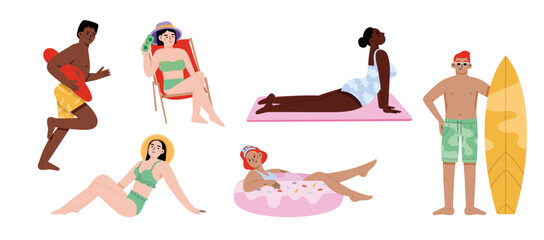 Peoples on summer beach vacation. Flat style characters of young man and woman surfing on waves, shooting photos on beach. Girl girl sunbathing, doing yoga on tropical