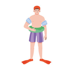 Safety rubber inflatable swim armbands vector illustration. Swimming equipment for secure floatation in water. Guy wearing swimwear. Advertisement concept