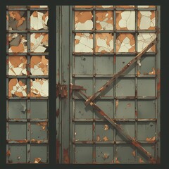 A Close-Up View of a Rusting Distressed Metal Door with Chipped Paint in an Abandoned Factory Setting