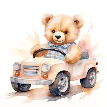 Teddy bear driving a toy car - watercolor illustration, children's book, bedroom decor.