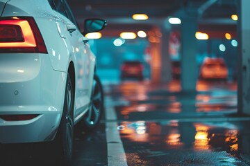 Car parked at outdoor parking lot. Used car for sale and rental service. Car insurance background. Automobile parking area. Car dealership and dealer agent concept. Automotive industry