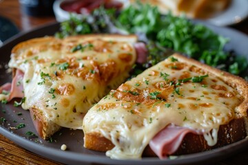Delicious croque-monsieur on plate. traditional french ham and cheese sandwich recipe - Powered by Adobe