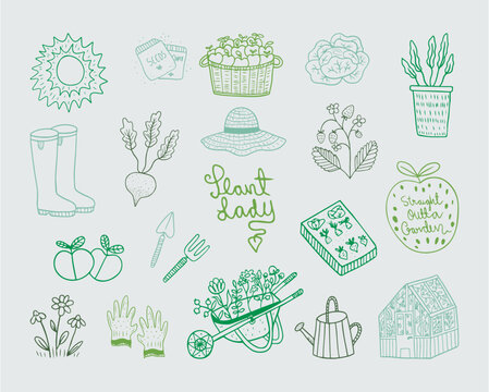 Set of gardening clipart files, Gardener vector elements, greenhouse, plant lady, vegetable farm, garden objects, icons