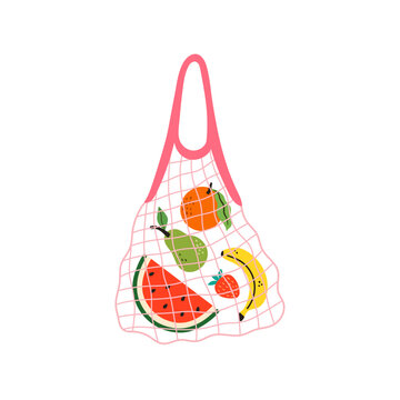 Illustration of mesh bag with different products. Eco bag with fruits, supermarket products
