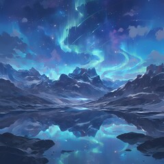 Gaze into the serene beauty of nature with this captivating image, featuring a breathtaking mountain landscape under an enchanting sky painted with hues of the Northern Lights.