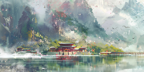 An ancient oriental building nestled between mountains and rivers