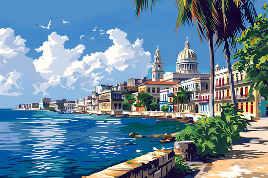 Havana Cuba Retro vector city skyline illustration