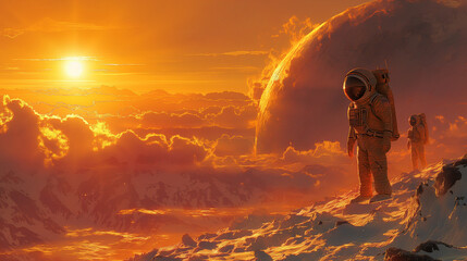 Obraz premium 2. Intergalactic Exploration: Against the backdrop of a distant planet, a robot and human embark on an epic journey of discovery, venturing into uncharted territories and encounter