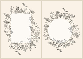 Set of floral frame borders with wild blooming meadow flowers and eucalyptus leaves ink sketch drawing. Natural background with a place for text. Elegant floral cards. Vector art in hand drawn style.