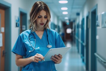 Focused Healthcare Professional Using a Tablet in a Hospital Corridor
