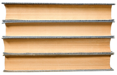 Stack of old books isolated on a transparent background. View from the end.