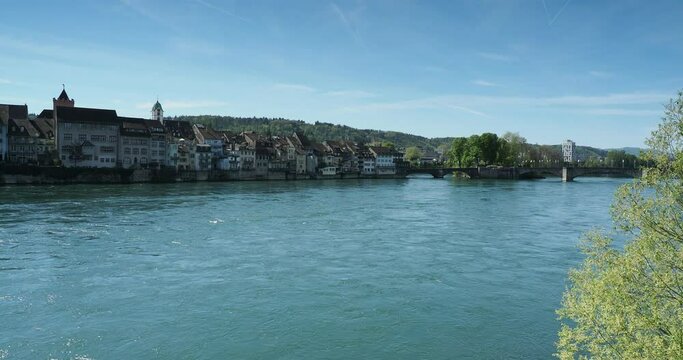 Rheinfelden (Aargau), Swiss City located near Basel. View of the old medieval town with the old Rhine Brige from Adelberg in Rheinfelden (Baden) on the right bank in Germany

