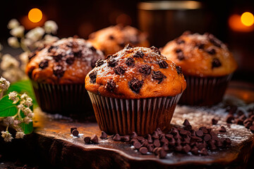 Homemade muffins with chocolate on top of the wooden table.