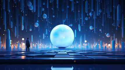  Surreal scene of an enormous, shiny sphere floating in the center surrounded by small glowing spheres, against a backdrop of futuristic metal sculptures and dark blue walls. Created with Ai - obrazy, fototapety, plakaty