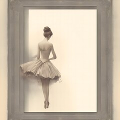 Ballerina, back view, retro card in gray tones, on a white background in a gray frame