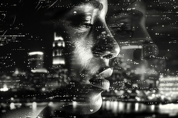 Black and White Composite Image of Woman and Cityscape at Night