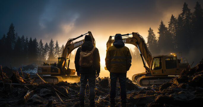A photo shows two workers wearing yellow safety jackets standing near an excavator on a construction site in Finland. Created with Ai