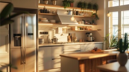 Modern Kitchen Interior Design in Luxury House with Contemporary Furniture and Wood Flooring - obrazy, fototapety, plakaty