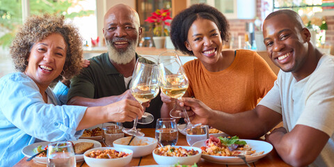 Portrait Of Senior Parents Around Table Eating Meal With Wine At Home With Adult Son And Daughter