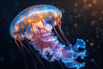 Beautiful bioluminescent jellyfish in the dark ocean, glowing in light blue and orange colors. Created with Ai - obrazy, fototapety, plakaty
