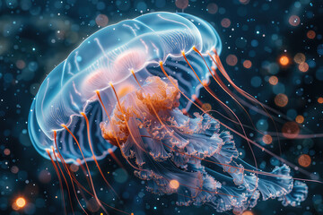  A bioluminescent jellyfish floating in the dark ocean, glowing with vibrant colors and intricate patterns. Created with Ai - obrazy, fototapety, plakaty