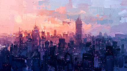 City at twilight, buildings' navy shadows against peach and lilac sky, mark day's silent end.