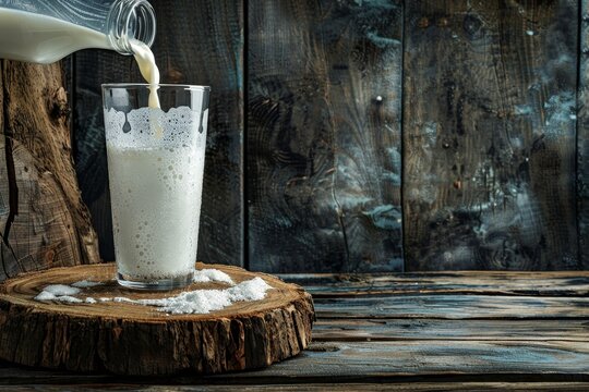 Pouring kefir, milk, or turkish ayran drink into glass on wooden stand, rustic table setting