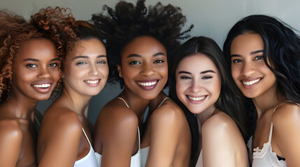 Beautiful smiling women with different skin and hair color are posing close to each other. Multicultural diversity