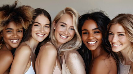 Fototapeta premium Beautiful smiling women with different skin and hair color are posing close to each other. Multicultural diversity