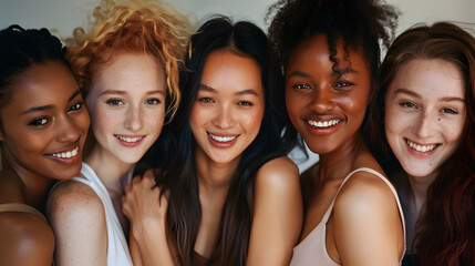 Obraz premium Beautiful smiling women with different skin and hair color are posing close to each other. Multicultural diversity