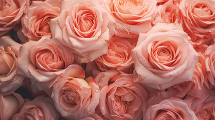 A bouquet of pink roses with dew drops on them