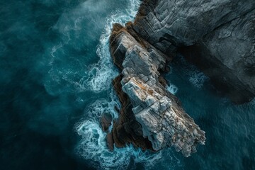 Aerial View of the Ocean and Rocks, Aerial critique of rough, textured rocks breaking the monotony of calm sea waves, AI Generated