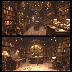An Elegant and Serene Study Library: The Porcupine Quill Pen Emporium's Ultimate Writing Haven - obrazy, fototapety, plakaty