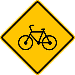 Bike path sign. Yellow diamond warning sign for bicycle lane. Diamond road sign. Rhombus road sign.