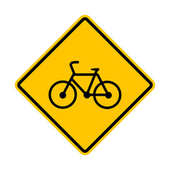 Bike path sign. Yellow diamond warning sign for bicycle lane. Diamond road sign. Rhombus road sign.
