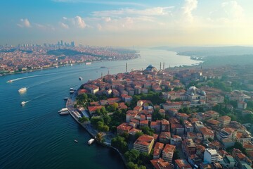 Aerial View of City and Water, Aerial view of Istanbul where east meets west, AI Generated