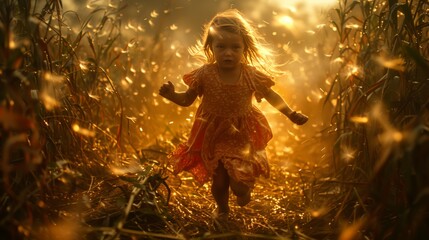 A joyful child in a crimson dress frolics through a featherfilled meadow - obrazy, fototapety, plakaty
