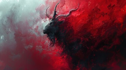 dark horned figure looms out of a blood-red haze, its silhouette both majestic and menacing against the turbulent backdrop - obrazy, fototapety, plakaty