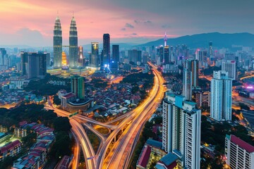 This photo captures the bustling activity of a city at night, showcasing the vibrant lights and skyscrapers that define its skyline, Aerial view of vibrant Kuala Lumpur at dusk, AI Generated