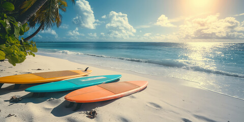 Surboards in different colors on the tropical beach with white sand and palm trees, summertime...