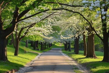 Pathway Dotted With Trees Surrounded by Lush Green Grass, Alley lined with flowering dogwood trees in a spring park, AI Generated