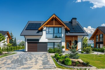 Modern suburban house with photovoltaic system and eco-friendly solar panels and landscaped yard