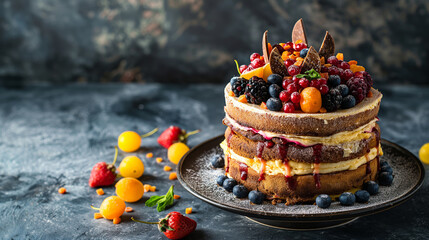 Fresh tasty cream cake cook book photography.  Delicious creamy pie with cream, berries and fruits, perfect dessert for celebration.