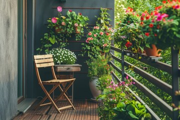Stylish wooden floor terrace with cozy chair and green potted plants for home relaxation