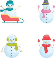 Cute snowmen icons set cartoon vector. Various cheerful christmas snowman. Merry christmas