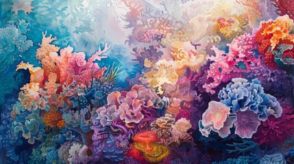 Capture the intricate beauty of a coral reef in vibrant watercolors, showcasing the fragile harmony between marine life and subconscious thoughts of existentialism - obrazy, fototapety, plakaty