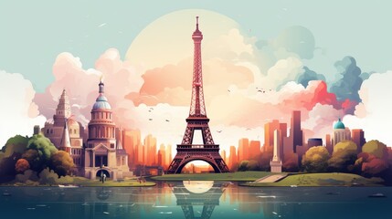 Stylized Illustration of Eiffel Tower and Global Landmarks - obrazy, fototapety, plakaty