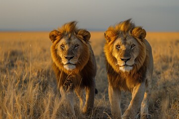Two Masai lions, Felidae carnivores and big cats, are sprinting through the grassland ecoregion....