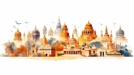 Panorama of Indian Architectural Landmarks in Watercolor - obrazy, fototapety, plakaty