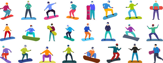 Aged man on snowboard icons set cartoon vector. Winter sport. Snow activity